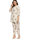 Women's Pure Cotton Floral Printed Night Suit Top and Pyjama Set (Off White)